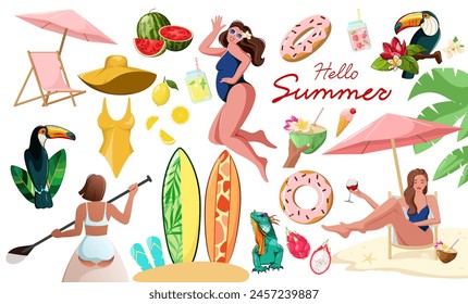 A set of summer elements and beautiful women on a white background. Cartoon vector illustration.
