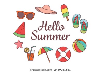 Set of Summer elements with a big circle saying Hello Summer. The circle is surrounded by various beach-related items such as sunglasses, hats, beach balls, and flotation devices