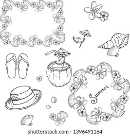 Set of summer elements, black and white, coloring book