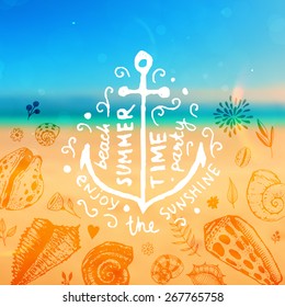 Set of Summer Elements: Blurred Beach Landscape, Seashells, Flowers, Anchor, Sky with Sun. Hand Drawn Style. Typographic Design for Logo or Label. Summer Holidays.