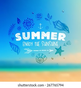 Set of Summer Elements: Blurred Beach Landscape, Seashells, Flowers, Anchor, Starfish, Sky with Sun. Hand Drawn Style. Typographic Design for Logo or Label. Summer Holidays.