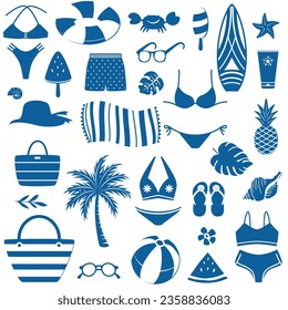 Set of summer elements. Bright decorations for diary. Swimsuit, sunglasses, umbrella, watermelon,seasheel and ice cream. Blue cartoon flat vector collection isolated on white background