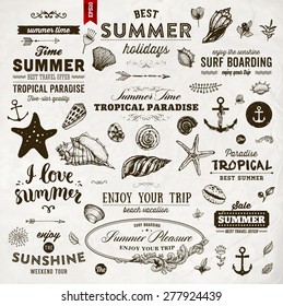 Set of Summer Elements: Calligraphic Labels, Seashells, Flowers, Anchors. Hand Drawn Style. Typographic Design for Logo or Label. Summer Holidays. Tropical Paradise, Best Tour, Beach Party, Bon Voyage