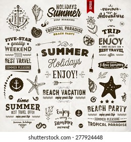 Set of Summer Elements: Calligraphic Labels, Seashells, Flowers, Anchors. Hand Drawn Style. Typographic Design for Logo or Label. Summer Holidays. Tropical Paradise, Best Tour, Beach Party, Bon Voyage