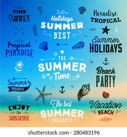 Set of Summer Elements: Calligraphic Labels, Seashells, Flowers, Anchors. Hand Drawn Style. Typographic Design for Logo or Label. Summer Holidays. Tropical Paradise, Best Tour, Beach Party, Bon Voyage