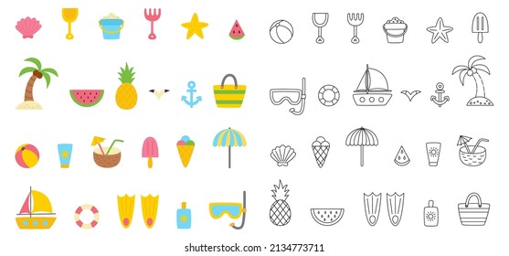 Set of summer elements in cartoon style. Colorful and black and white collection.