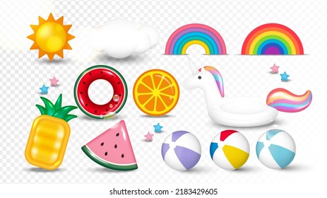 Set of summer elements. Collection of 3d sun, cloud, rainbow, inflatable pool float toy, beach balls, and starfish isolated on transparent background. Vector illustration.