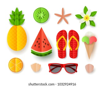 Set of Summer elements. Collection of flat paper cut elements isolated on white backdrop. Vector illustration with tropical fruit, ice cream, seashells, flip flops, sunglassses and flower.