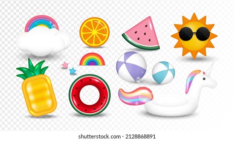 Set of summer elements. Collection of sun, cloud, rainbow, starfish, orange, beach balls, inflatable pool float toy isolated on transparent background. Vector illustration.