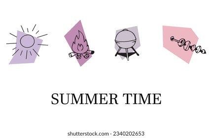 A set of summer elements in a colored outline. Vector image.
