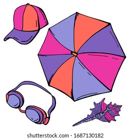 set of summer elements. Diving goggles, beach umbrella, baseball cap, shell. Cartoon style illustration. White background, isolate.	