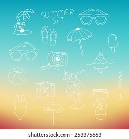Set of the summer elements drawn with a hand. Hand drawn sea symbols set.