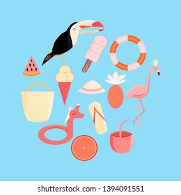 Set of summer elements. Flamingo, tropical leaf monsters, slise of watermelon, lemon, toucan, coctail, coconut, unicorn swim ring, ice cream on blue background. Vector illustration