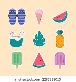 Set of Summer Elements Flat Icons Vector Illustration, Watermelon, Coconut Drinks, Monstera Leaf, Ice Cream, Slippers, Pineapple
