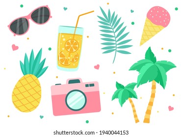 Set of summer elements in a flat style. Cute vector illustration icons. Clipart collection. Isolated on white background
