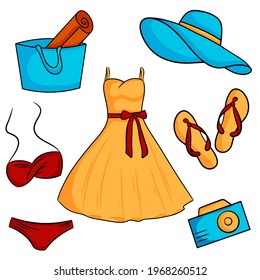 Set of summer elements. Flip-flops, dress, beach hat, swimsuit, beach bag, camera. Vector illustration cartoon style.