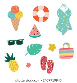 Conjunto de elementos de verano con comida y ropa de estilo plano