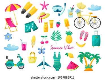 Set of summer elements in hand drawn style.