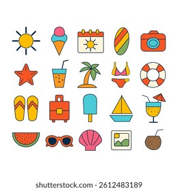 Set of summer elements in hand drawn style on white background.