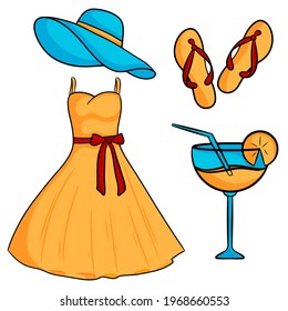Set of summer elements. Hat, dress, slates, flip flops, cocktail. Cartoon style vector Illustration.