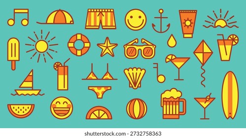 Conjunto de iconos de Elementos de verano aislados. Vector vacaciones de verano temporada colección con trajes de baño, helado, bola, gafas de sol, cócteles, sol, tabla de surf, frutas, gorra, ancla, cerveza, notas musicales, emojis.