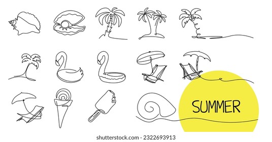 Set of summer elements in outline and doodle style, Minimalism in lines summer umbrella, palm trees, vacation, seashells, sea.