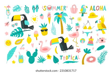 Set of summer elements:  palm leaves, tropical flowers, flamingo, toucan, Tropical collection of stickers for summer design, scrapbooking and postcards. Vector illustrations