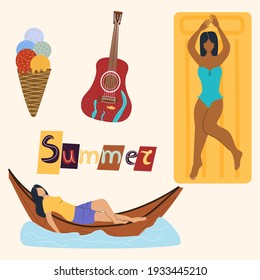 Set of summer elements with people. A girl lies in a boat, an African American woman lies on an inflatable mattress in a swimsuit, ice cream, a guitar. Vector illustration in flat style