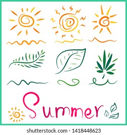 Set of summer elements with spiral sun and tropical leaves