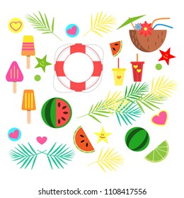 Set of summer elements: stars, lifebuoy, palm leaves, watermelon, lemon, lime, ice cream, cocktail, drink, heart, coconut. Objects for your design. Isolated vector.