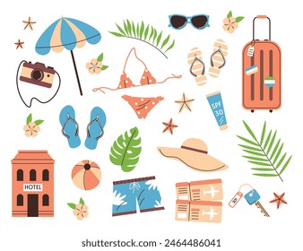 Set of summer elements. Suitcase, camera, bikini, hotel building. Accessories for beach vacations. Tourist objects. Male and female  items. For travel and holidays. Flat vector on white background.