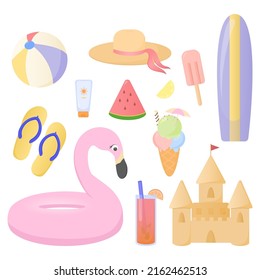 Set of summer elements. Swim ring, surfboard, flip flops, hat, ice cream, watermelon, sandcastle.	

