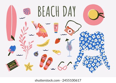 Set of summer elements. Swimsuit with daisies, fruit, surfboard, fin. Bundle of beach icons for stickers. Vector card, poster design illustration.