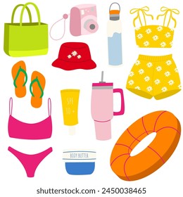 Conjunto de Elementos de verano, viaje, playa, accesorio de verano. Tabla de surf, traje de baño, sombrero de panamá, botella de agua, protector solar, chanclas, bolsa de playa, gorra, crema corporal, salvavidas.