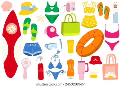 Conjunto de Elementos de verano, viaje, playa, accesorio de verano. Tabla de surf, traje de baño, sombrero de panamá, botella de agua, protector solar, chanclas, bolsa de playa, gorra, crema corporal, salvavidas.