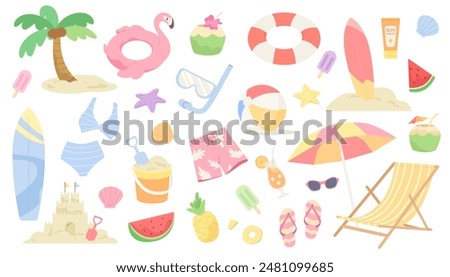 Set of Summer elements for travel on vacation. Beach items for holiday, summer vibe, sea tourist objects, beach party, swimming, tropical vacation. Flat vector design illustration.