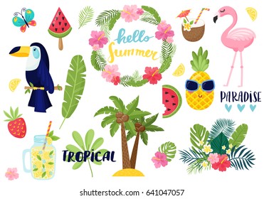 A set of summer elements: tropical flowers, flamingos, toucan, smoothies, palm leaves. Tropical collection of stickers for summer design, scrapbooking and postcards. Vector