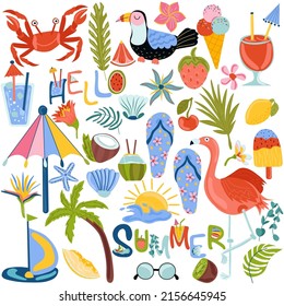 Set of summer elements of tropical leaves, palm trees, exotic fruits, flamingo, cocktails, toucan and others. Hello summer lettering. The is perfect for postcards, scrapbooking, beach parties.