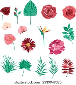 set of summer elements with tropical leaves and maroon flowers