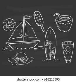 set of summer elements using hand drawing style on chalkboard background