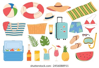 Set of summer elements for vacation on the beach. Beach vacation accessories for her. Comfortable rest on a sunny beach. Vector illustration