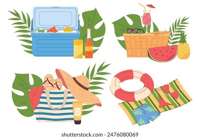 Set of summer elements for vacation on the beach. Beach vacation accessories for her. Comfortable rest on a sunny beach. Vector illustration