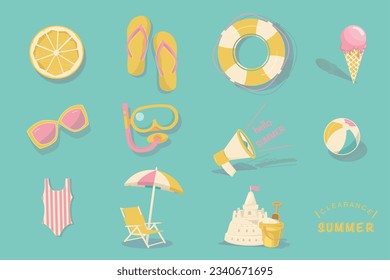 A set of Summer elements vector. Slice lemon, beach sandals, lifebuoy, ice cream, sun glasses, diving mask, beach ball, swimming suit, sand castle, summer clearance,  beach umbrella .