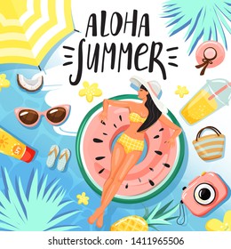 Set of summer elements. Woman floating and sunbathing on inflatable ring. Stylish typography slogan design "Aloha summer" sign. Summer rest and vacation concept. Vector illustration.