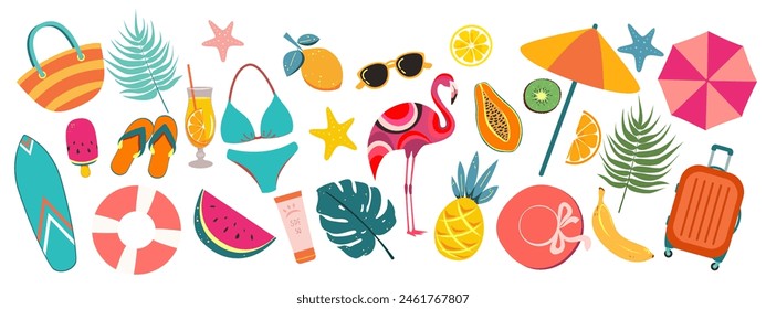 Set of summer elements.Tropical leaves,pink flamingos,sunglasses,beach umbrellas,fruits.Vector illustration.