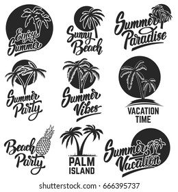 Set of summer emblems with palm trees. Design elements for logo, label, emblem, sign. Vector illustrations.