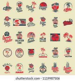 Set of summer emblems with palms. For emblem, sign, logo, label, badge. Vector image