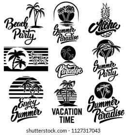 Set of summer emblems with palms. For emblem, sign, logo, label, badge. 