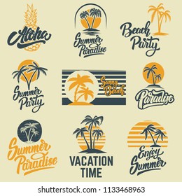 Set of summer emblems with palms. For emblem, sign, logo, label, badge. Vector image