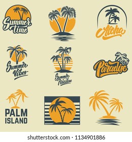 Set of summer emblems with palms. For emblem, sign, logo, label, badge. Vector image